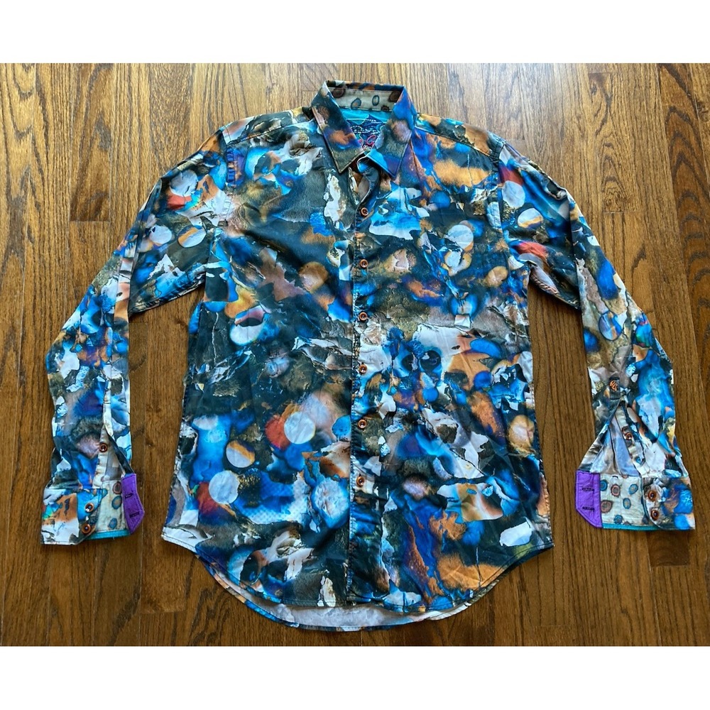 Robert Graham Shirt Mens Small Abstract Bold Colorful Long Sleeve Flip Cuff AOP